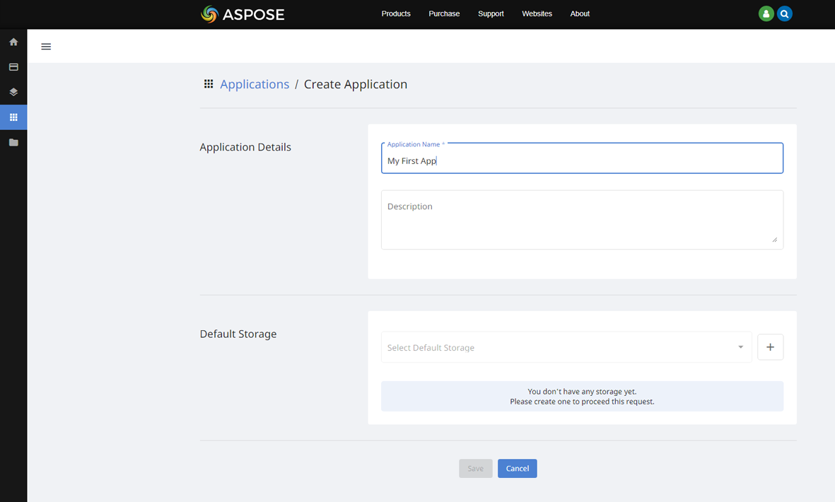 The Applications/Create Application page. You can specify Application Details