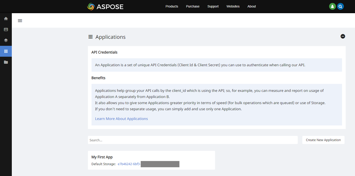 The Applications Page with link to Client Credentials