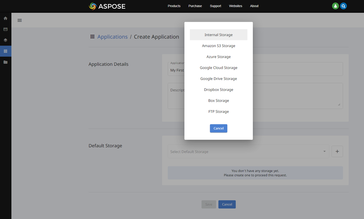 The Applications/Create Application page. You can Select Default Storage
