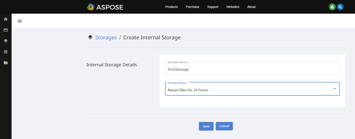 The Storages/Create Internal Storage Page
