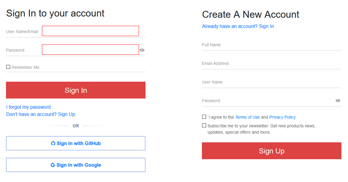 The forms &ldquo;Sign In to your account&rdquo; and &ldquo;Create A New Account&rdquo;